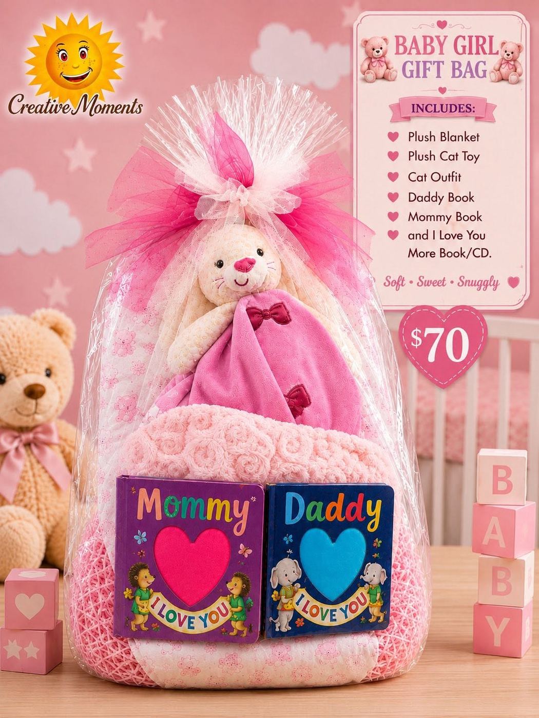 New baby, pink themed gift bag made and filled by Creative Moments at Junction Boutique in Atlantic Highlands, New Jersey