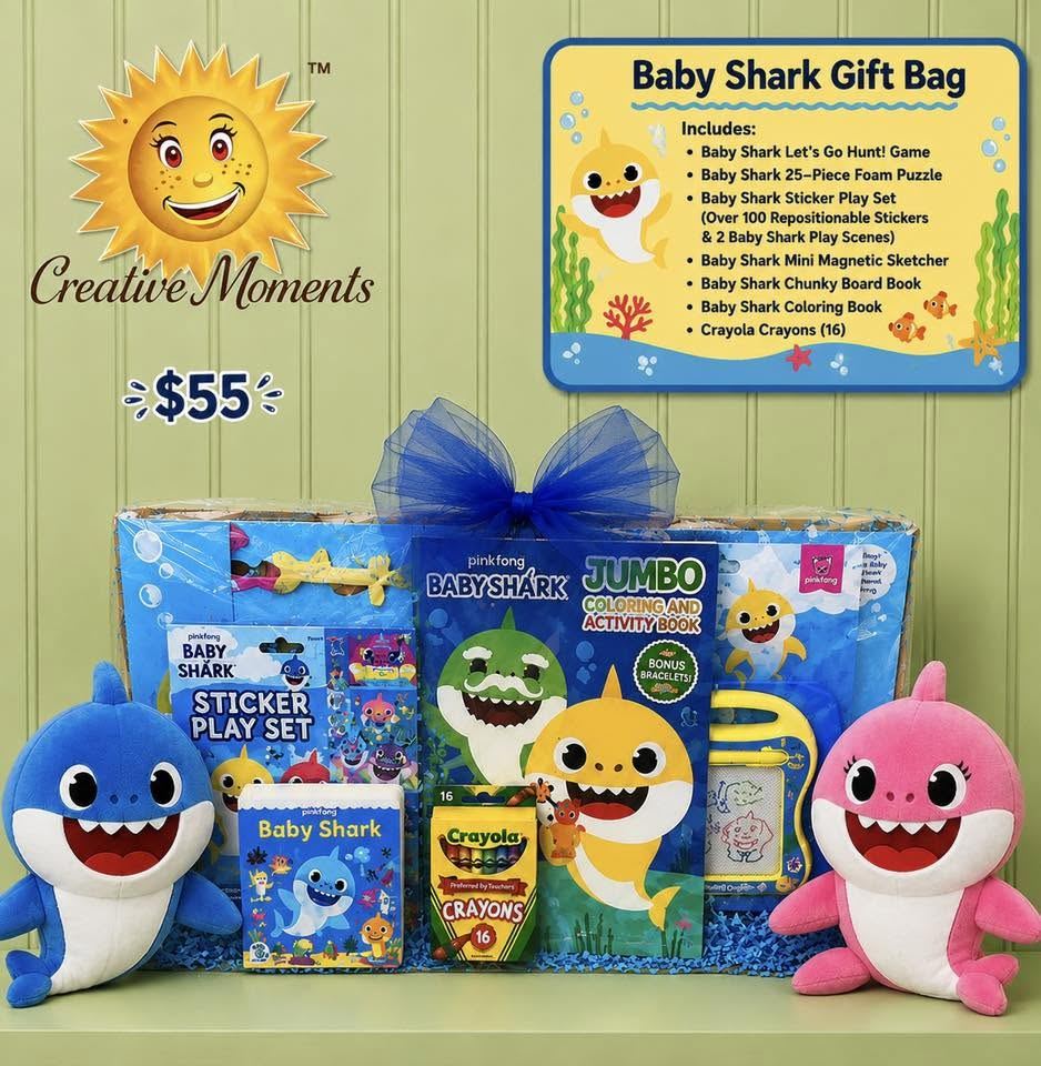 Baby Shark themed gift bag made and filled by Creative Moments at Junction Boutique in Atlantic Highlands, New Jersey